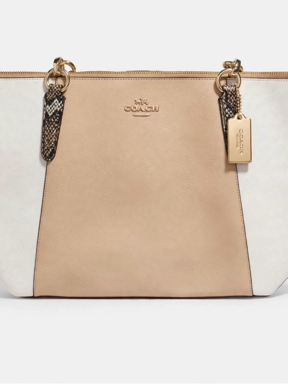 Coach Two-Tone Pebbled Leather Tote in Beige and White with Gold Hardware